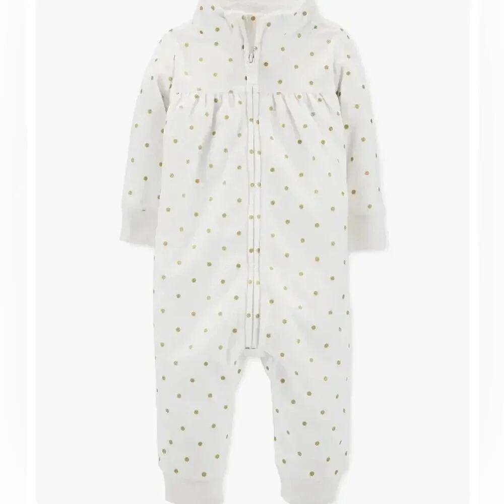 Carter’s white/gold polka dot fleece jumpsuit Size 24 months